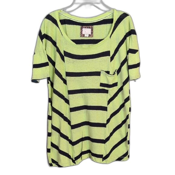 Anthropologie Green Navy Striped Linen Blend Top Womens S - Picture 1 of 4